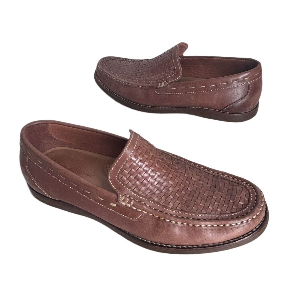 Tommy Bahama Mens Shoes  9 Brown Leather Loafers Brooks Bay Woven Vamp